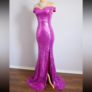 Glamorous Purple Sequin Off-Shoulder Maxi Dress